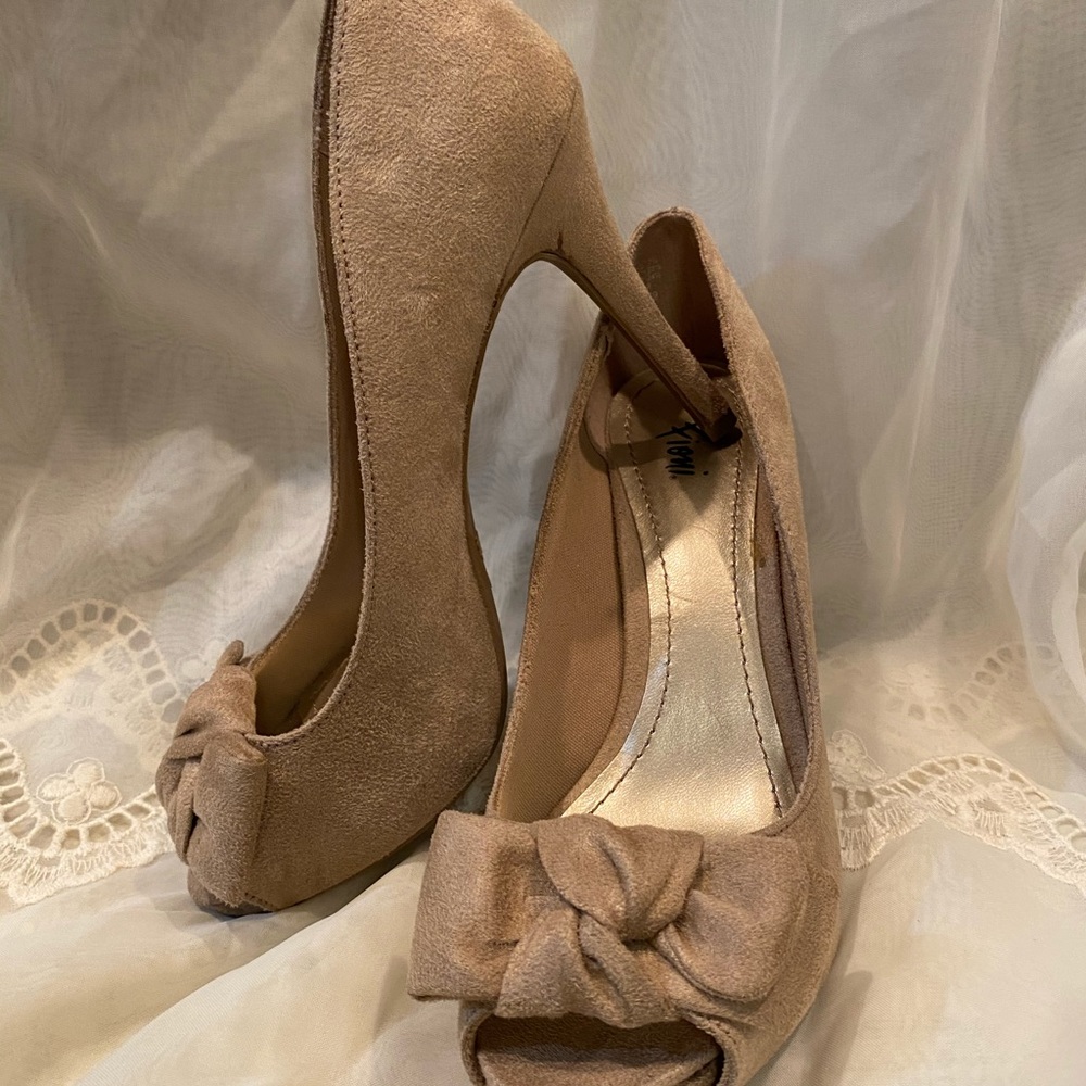 Nude suede peep toe heels